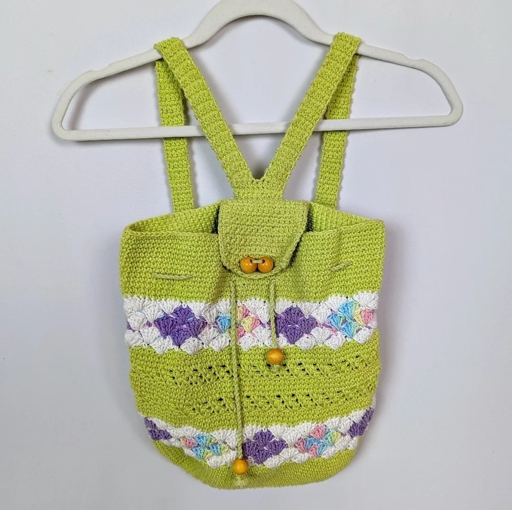 Handmade Crochet Knit Mini Backpack Bag Colorful Floral Bohemian Hippie 70s - Picture 1 of 11